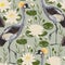 Seamless pattern with crane bird and water lily. Oriental motif.