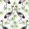 Seamless pattern with crane bird and wild plants. Oriental motif.