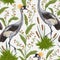 Seamless pattern with crane bird and wild plants. Oriental motif.