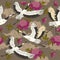Seamless pattern with cranes birds and peonies. Vector graphics