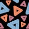 Seamless pattern creating optical illusion. Geometry of orange, pink and blue triangles on black background. Perfect for textile