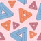 Seamless pattern creating optical illusion. Geometry of orange, pink and blue triangles on light pink background. Perfect for