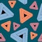 Seamless pattern creating optical illusion. Geometry of orange, pink and blue triangles on turquoise background. Perfect for