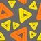 Seamless pattern creating optical illusion. Geometry of yellow and orange triangles on grey background. Perfect for textile and