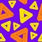 Seamless pattern creating optical illusion. Geometry of yellow and orange triangles on violet background. Perfect for textile and