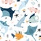 Seamless pattern with creative and colorful fishes . Creative undersea childish texture. Great for fabric, textile Vector