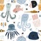 Seamless pattern with creative and colorful fishes, octopus, jellyfish, devil fish,fish hedgehog. Creative undersea childish