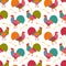 Seamless pattern with creative stylized roosters in patchwork style and oats ears