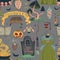 Seamless pattern with creepy characters and decorations. Halloween night party symbols.  Design for greeting card, wallpaper, text