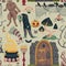 Seamless pattern with creepy characters and decorations. Halloween night party symbols. Design for greeting card, wallpaper, texti