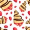 Seamless pattern of crepe with strawberry and chocolate tasty pancakes illustration on white background web site page and m