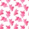 Seamless pattern with crimson unicorns. Watercolor pink silhouette of unicorns. Fantastic creature, mystical animal.