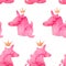 Seamless pattern with crimson unicorns. Watercolor pink silhouette of unicorns. Fantastic creature, mystical animal with crown.