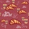 Seamless pattern of croissant with sesame on top a cup of coffee. bon appetit.vector illustration. vector background for bakery, c