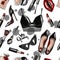 Seamless pattern with crop top, lips, shoes, lipstick, sunglasses, brush