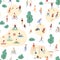 Seamless pattern with crowd of people performing healthy activities and playing sports games in park. Backdrop with