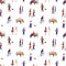 Seamless pattern with crowd of people walking on the city street. Scene of recreation and rest outside. Characters sit