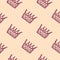 Seamless pattern with crown elements. Outline ornament with purple contour on light background. Minimalistic style