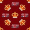Seamless pattern with crown monarch and English double-decker bus to the noble burgundy background