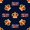 Seamless pattern with crown monarch and English double-decker bus to the noble dark blue background