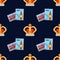 Seamless pattern with crown monarch and stamps to the noble dark blue background