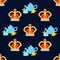 Seamless pattern with crown monarch and tea to the noble dark blue background