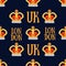 Seamless pattern with crown monarch and the words London to the noble dark blue background