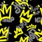 Seamless pattern with crowns and hip hop lettering drawn by hand. Music print. Vector illustration.
