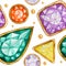 Seamless pattern Crystal in a gold frame and jewelry beads. Hand drawn watercolor Gemstone diamond. Bright colors Fabric