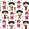 Seamless pattern Cubans boy and girl in national costume and hat Cartoon children in traditional Cuba dress, Mariachi group Musica