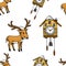 Seamless pattern cuckoo clock, deer. Merry Christmas or xmas, New Year Collection. winter holiday decoration. engraved