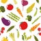 Seamless pattern with cucumber, carrot, broccoli, asparagus, tomato, salad, avocado