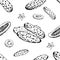 Seamless pattern with cucumber, slice, flower. Vegetable hand drawn background. Black and white vector wallpaper