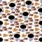 Seamless pattern cup of coffee, coffee beans and cane sugar on a white background. Roast coffee beans and brown sugar