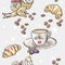 Seamless pattern with cup of coffee, croissants and fruit