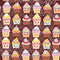 Seamless pattern Cupcake Kawaii funny muzzle with pink cheeks and winking eyes, pastel colors on chocolate brown background.