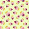 Seamless pattern with a cupcake with strawberries and blueberries and with pink cream. On a cream background. Muffin