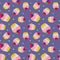 Seamless pattern with a cupcake with strawberries and blueberries and with pink cream. On a purple background. Muffin. Sweet