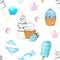 Seamless pattern with cupcake white cream, strawberry with glaze blue chocolate. Sweet summer dessert, popsicle, muffin