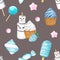 Seamless pattern with cupcake white cream, strawberry with glaze blue chocolate. Sweet summer dessert, popsicle, muffin