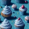 Seamless pattern with cupcakes and berries on a blue background.