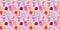 Seamless pattern cupcakes with cream, ice cream in waffle cones, ice lolly, Kawaii with pink cheeks and winking eyes