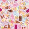 Seamless pattern cupcakes with cream, ice cream in waffle cones, ice lolly Kawaii with pink cheeks and winking eyes, pastel color