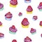 Seamless pattern with cupcakes. Cupcakes with pink cream and a scarlet rose in the cups. Watercolor