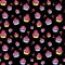 Seamless pattern. Cupcakes with pink cream and a scarlet rose in the cups on black.Heart lollipop. Watercolor