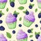 Seamless pattern cupcakes strawberry raspberry cherry. Hand drawing. Vector illustration