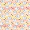 Seamless pattern with cupcakes and sweet words. Vector striped background for fabric, packaging