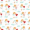 Seamless pattern with cupids or angels carrying bow, arrows, harp and heart