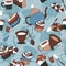 Seamless pattern of cups, spoons, teapots and cupcakes on a blue background. Vector endless illustration of kitchen items and