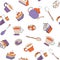 Seamless pattern of cups, spoons, teapots and cupcakes on a white background. Vector endless illustration of kitchen items and